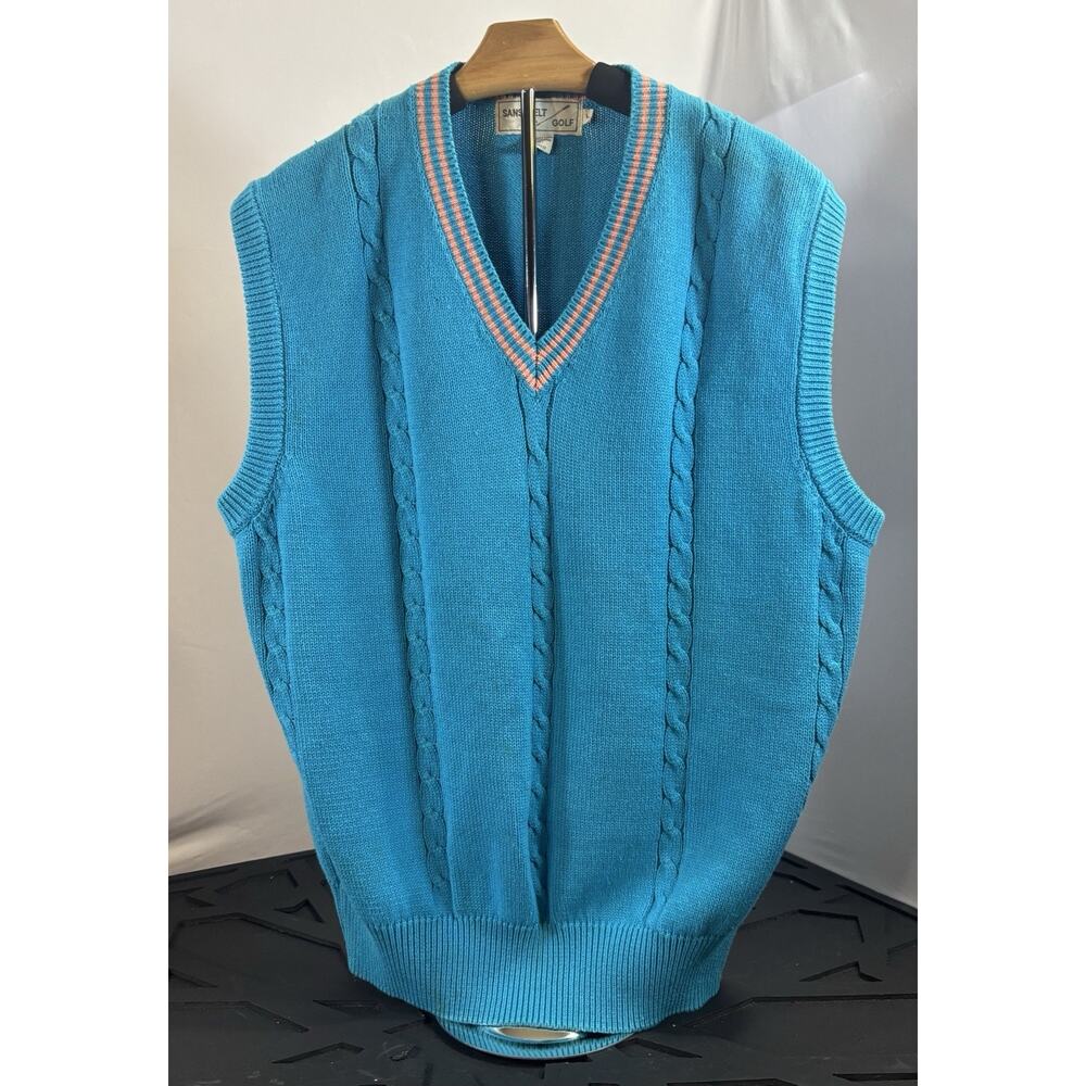 Vintage‎ Sansabelt Golf Sweater Vest L Turquoise Cable Knit Preppy Grandpa Core